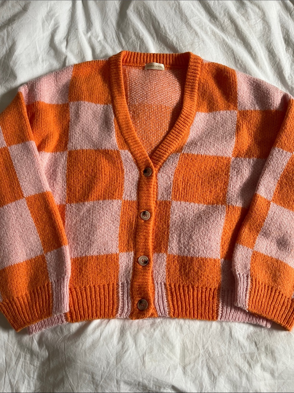 Stine Goya checkered color block orange pink cardigan size large